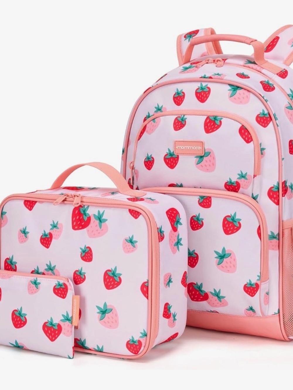 Kids Mommore Strawberry Print Pink Backpack & Lunch Bag (3 piece set)